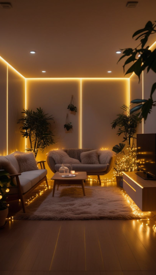 "Cozy home decor ideas for a small apartment featuring a warm modern living room illuminated by ambient LED strip lighting, two cozy sofas, a wooden coffee table, and string lights around the furniture and plants."