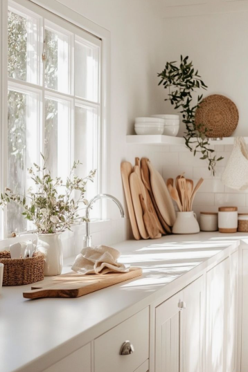 "Cozy home decor ideas for a small apartment featuring a bright, minimalist kitchen counter with wooden cutting boards, cooking utensils, and floating shelves with greenery."