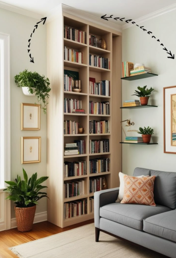 "Cozy home decor ideas for a small apartment featuring a functional reading corner with a tall floor-to-ceiling wooden bookshelf, floating wall shelves, potted plants, framed art, and a grey sofa."