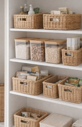 "Cozy home decor ideas for a small apartment featuring an organized pantry shelf styled with woven wicker baskets and clear dry-food storage containers with wooden lids."