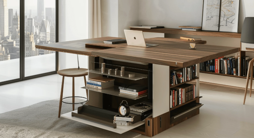 "Cozy home decor ideas for a small apartment featuring an innovative multifunctional wooden desk and shelving unit with built-in storage compartments, open bookshelves, and a laptop setup."