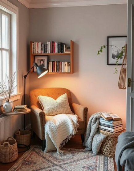 "Cozy home decor ideas for a small apartment featuring a comfortable reading nook with an armchair, floor lamp, wall-mounted bookshelf, and stacked books."