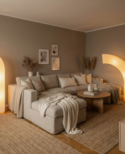 "Cozy home decor ideas for a small apartment featuring a warm minimalist living room with a large sectional sofa, soft throw blankets, a round wooden coffee table, and ambient floor lighting."