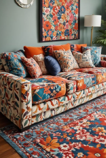 "Cozy home decor ideas for a small apartment featuring a vibrant living room with a bold floral-print sofa, matching accent pillows, a matching floral rug, and statement wall art."