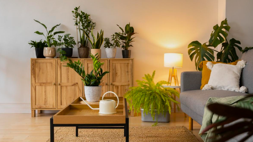 "Cozy home decor ideas for a small apartment featuring a plant-filled living room with a wooden cabinet displaying various potted houseplants, a green fern, a side table with a warm lamp, and a grey sofa."