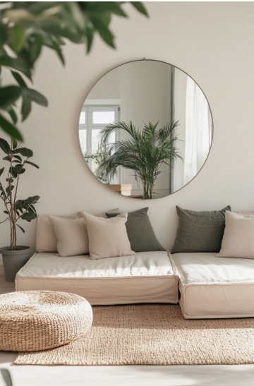 "Cozy home decor ideas for a small apartment featuring a serene minimalist lounge area with floor cushions, neutral pillows, a round jute pouf, a large circular wall mirror, and a potted palm."