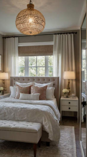 "Cozy home decor ideas for a small apartment featuring a bright bedroom with a tufted upholstered bed, layered white and neutral bedding, matching white nightstands, and a statement globe pendant light."