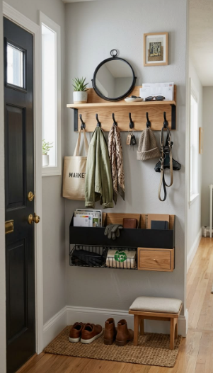 "Cozy home decor ideas for a small apartment featuring an entryway organizer shelf with hooks, a round mirror, a mail sorting unit, a small wooden stool, and shoes neatly placed on a jute mat."