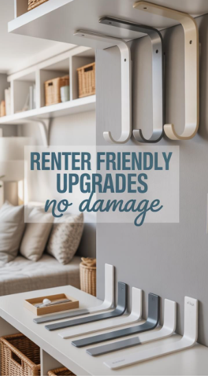 "Cozy home decor ideas for a small apartment featuring renter-friendly no-damage wall shelves and brackets displayed on a console and wall with a sofa in the background."
