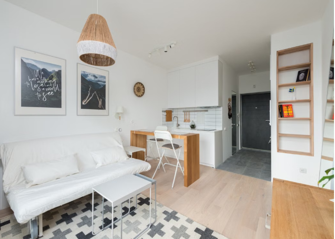 "Cozy home decor ideas for a small apartment featuring an open-concept studio layout with a white sofa, a geometric pattern rug, a compact dining bar, and built-in wall shelving."