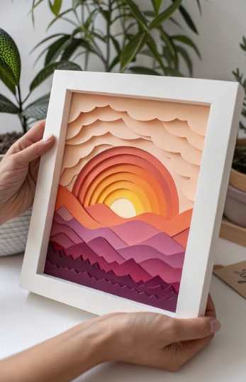 A framed layered papercraft shadow box held in someone's hands, depicting a sunset landscape with stacked paper layers creating depth for clouds, a setting sun with concentric orange arcs, rolling hills, and purple-to-dark-magenta mountains.
