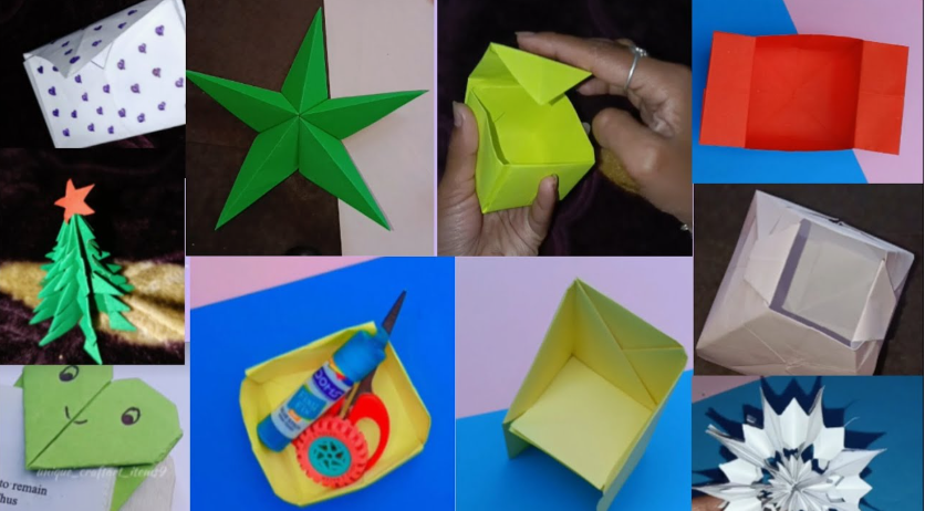 A grid of multiple paper craft projects and tutorials showing a white envelope with purple hearts, a bright green 3D paper star, folding steps for a yellow paper box, a red paper box base, a standing green folded paper Christmas tree topped with a star, a yellow paper tray holding a glue bottle and scissors, a small yellow paper chair or container, a folded white box structure, a green folded heart with hand-drawn eyes, and an intricate white paper snowflake or starburst design.