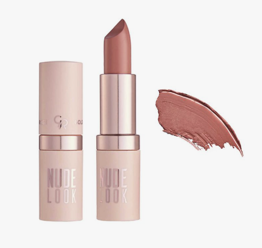 Matte Lipstick Styles in 2026: Modern Looks, Shades & Easy Tips Product shot of a Golden Rose "Nude Look" matte lipstick tube next to an open bullet and a matching neutral pink-brown swatch on a plain background