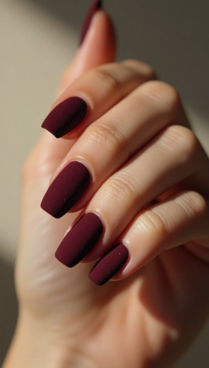 Chic square-shaped burgundy nail designs featuring a soft, non-reflective matte finish in a deep dark red shade.