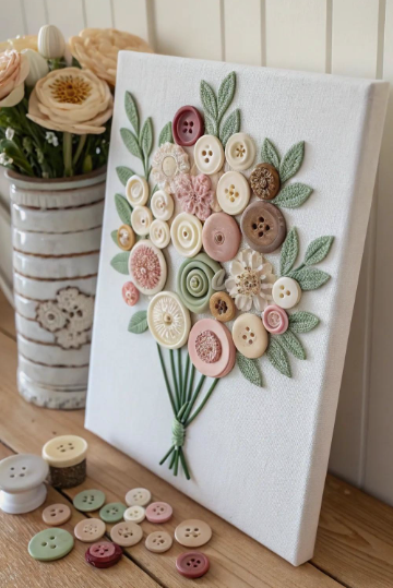 30 Creative DIY Button Crafts to Turn Spare Buttons Into Beautiful Decor A creative canvas artwork featuring a floral bouquet made from assorted buttons, yarn stems, and fabric leaves, showcasing DIY button crafts.