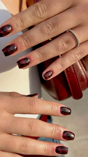 Trendy short square burgundy nail designs featuring a translucent tortoiseshell effect layered with deep dark red and black amber tones.
