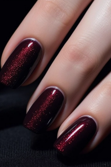 Glossy burgundy nail designs featuring a striking red magnetic cat-eye shimmer stripe down the center of each dark maroon nail.