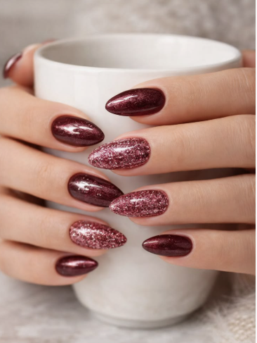 Glossy almond-shaped burgundy nail designs featuring a striking mix of deep dark red polish and heavy sparkling glitter accent nails while holding a white mug.