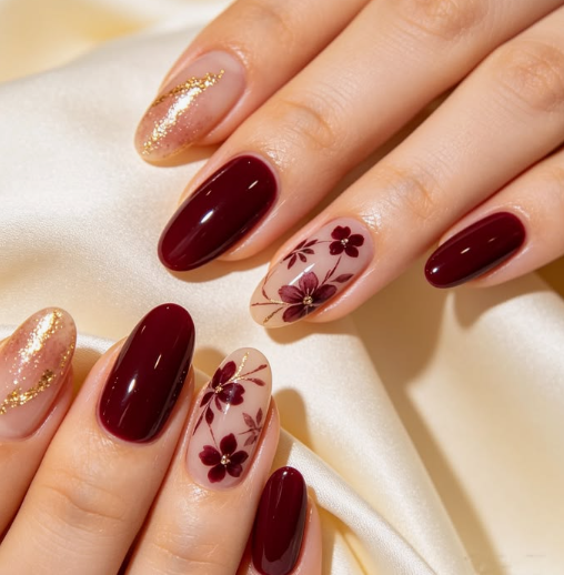 Elegant oval-shaped burgundy nail designs featuring a mix of solid deep dark red nails, shimmering gold foil accents, and delicate painted floral nail art on a nude base.