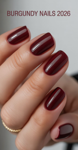 Beautiful glossy square burgundy nail designs featuring a rich, mirror-shine deep dark red polish finish.