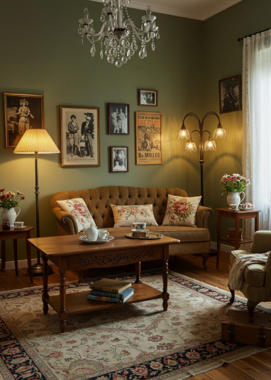 Vintage Modern Home Decor Ideas: 15 Ways to Mix Old and New "Cozy living room featuring Vintage Modern Home Decor Ideas, including an olive green wall, tufted brown sofa, wooden coffee table, crystal chandelier, and gallery wall art."