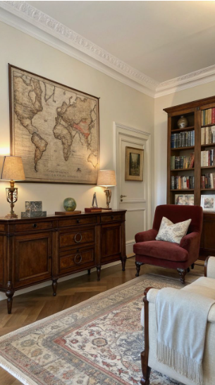 Vintage Modern Home Decor Ideas: 15 Ways to Mix Old and New "Classic study or living room highlighting Vintage Modern Home Decor Ideas, featuring a large vintage world map wall hanging, dark wood sideboard cabinet, traditional bookshelf, and a deep red velvet armchair."