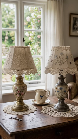 Vintage Modern Home Decor Ideas: 15 Ways to Mix Old and New "Charming tabletop display highlighting Vintage Modern Home Decor Ideas, featuring two antique-style floral ceramic table lamps with lace-trimmed shades resting on crochet doilies next to a small pitcher, set against a sunlit window."