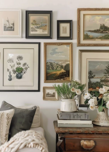 Vintage Modern Home Decor Ideas: 15 Ways to Mix Old and New "A curated gallery wall showcasing Vintage Modern Home Decor Ideas, featuring an eclectic arrangement of framed landscape and botanical art prints in mixed wood and dark frames above a rustic wooden side table."