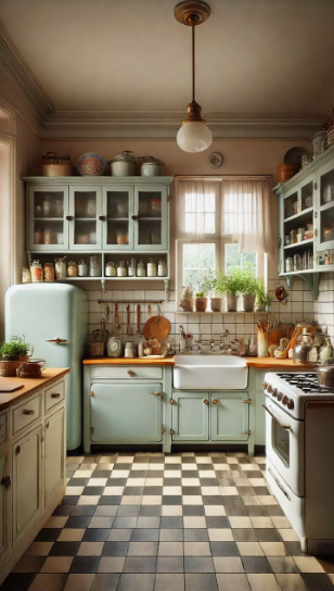Vintage Modern Home Decor Ideas: 15 Ways to Mix Old and New "A charming vintage-style kitchen highlighting Vintage Modern Home Decor Ideas, featuring sage green cabinets, a retro refrigerator, a checkered tiled floor, a farmhouse sink, and a modern pendant light."