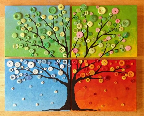 30 Creative DIY Button Crafts to Turn Spare Buttons Into Beautiful Decor A striking four-panel canvas set depicting the four seasons through painted trees and colorful button leaves, highlighting DIY button crafts.