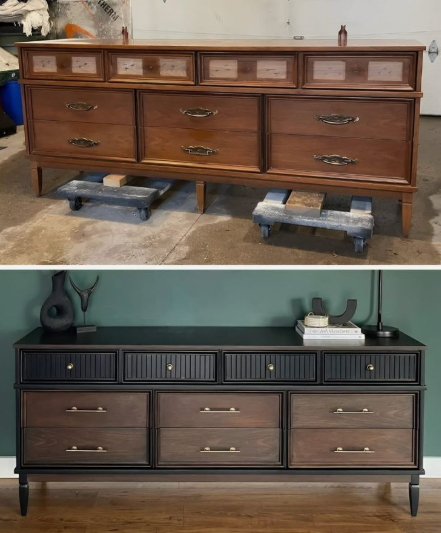 Vintage Modern Home Decor Ideas: 15 Ways to Mix Old and New "A before-and-after furniture flip highlighting Vintage Modern Home Decor Ideas, showing a mid-century modern wooden dresser transformed with a sleek dark frame, textured black top drawers, modern hardware, and styled decor against an olive green wall."