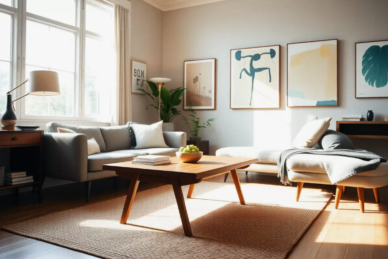 Vintage Modern Home Decor Ideas: 15 Ways to Mix Old and New "A sunlit living room highlighting Vintage Modern Home Decor Ideas, featuring a grey sofa, a wooden coffee table, modern abstract art prints on the wall, and a woven area rug under large windows."