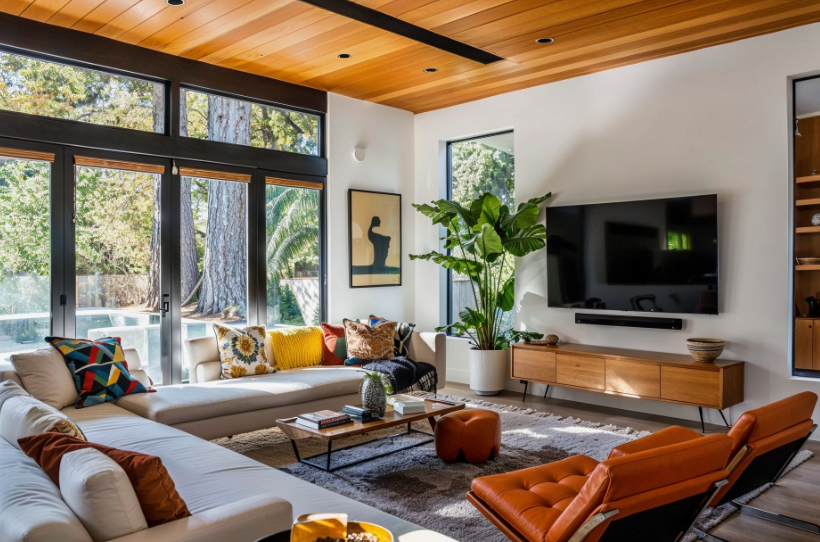 Vintage Modern Home Decor Ideas: 15 Ways to Mix Old and New "A spacious modern living room highlighting Vintage Modern Home Decor Ideas, featuring a wood-paneled ceiling, floor-to-ceiling windows with outdoor views, a light-colored sectional sofa with colorful throw pillows, a mounted flat-screen TV, and stylish orange leather armchairs."