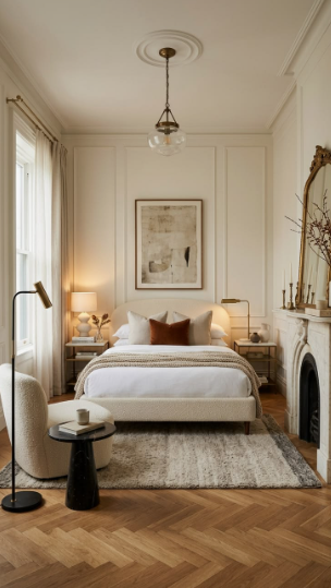 Vintage Modern Home Decor Ideas: 15 Ways to Mix Old and New "An elegant bedroom highlighting Vintage Modern Home Decor Ideas, featuring wainscoting walls, a upholstered bed with neutral linens and a burnt orange accent pillow, a fireplace with an ornate gold mirror, a modern floor lamp, and herringbone wood floors."