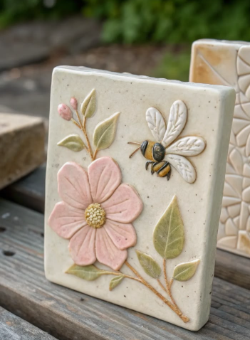 A detailed close-up of decorative air dry clay crafts featuring a white rectangular tile relief sculpted with a pink flower, green leaves, and a buzzing bee.
