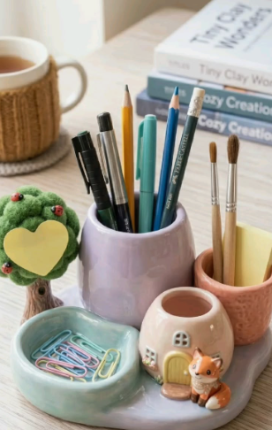 An overhead shot of a desk organizer set made from air dry clay crafts, featuring a pastel tray holding a pen holder filled with pens and pencils, a small house with a fox figurine, a dish with paper clips, and a mug cozy in the background.
