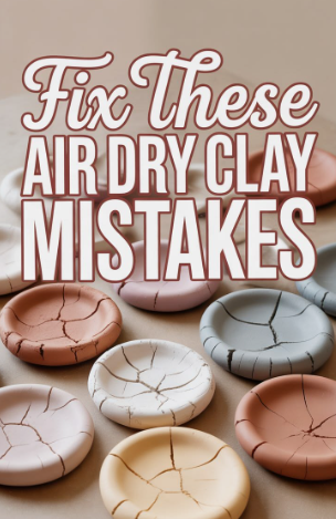 An overhead shot of various pastel-colored air dry clay crafts styled as small, cracked bowls or dishes, featuring the text "Fix These AIR DRY CLAY MISTAKES" overlaid on top.