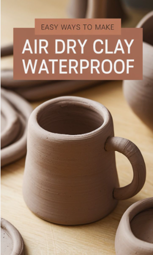A close-up of a handmade air dry clay mug sitting on a wooden surface, with the text overlay "EASY WAYS TO MAKE AIR DRY CLAY WATERPROOF" at the top