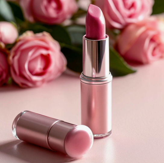 Spring 2026 lipstick trends featuring an open tube of metallic pink lipstick alongside a closed case on a soft pink surface against a background of blooming roses.