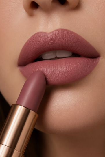 A close-up macro shot of a person applying matte mauve lipstick to their lips using a rose gold tube.