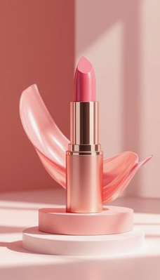 Spring 2026 lipstick trends featuring an open tube of pink lipstick standing on layered circular pedestals against a minimal pink backdrop with a dynamic lipstick swatch ribbon.