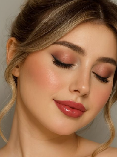 Spring 2026 lipstick trends featuring a close-up portrait of a woman with her eyes closed, showing off a glossy rose-pink lipstick shade coordinated with soft pink eyeshadow and blushed cheeks.