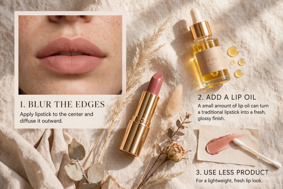 Spring 2026 lipstick trends instructional flat-lay graphic featuring a lipstick tube, a bottle of lip oil, and makeup tips explaining how to blur the edges, add lip oil, and use less product.   