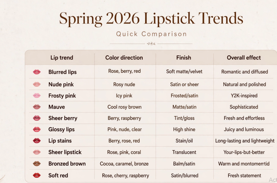 Spring 2026 lipstick trends comparison table detailing various lip trends, color directions, finishes, and overall effects, ranging from blurred lips and nude pinks to glossy lips and bronzed browns.