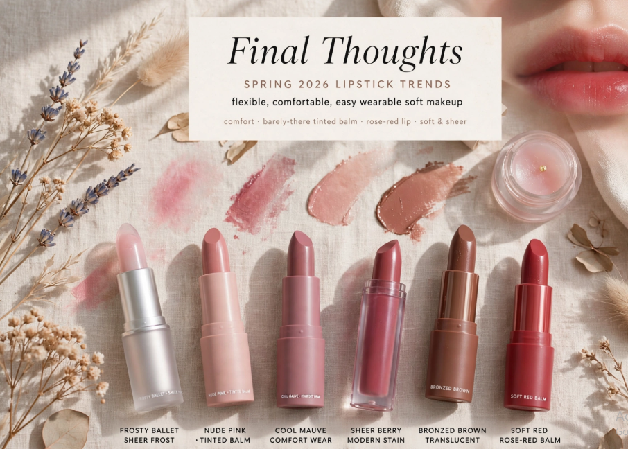 Spring 2026 lipstick trends conclusion graphic featuring six lipstick products labeled Frosty Ballet, Nude Pink, Cool Mauve, Sheer Berry, Bronzed Brown, and Soft Red, displayed alongside matching swatches and dried florals.