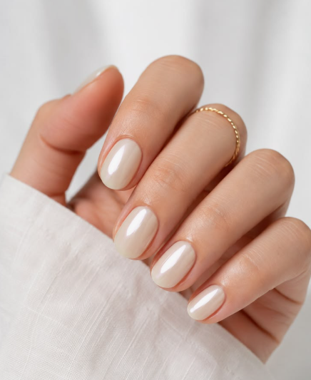 Short round nude nails with a subtle pearl chrome glazed finish, paired with a delicate gold ring.