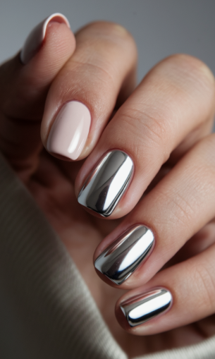 Short square nails featuring a mix of glossy pale pink and ultra-reflective silver chrome finishes.