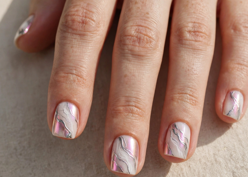 short chrome marble nails with milky white base and silver veins