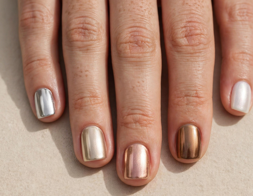 mixed metal chrome short nails with silver champagne rose gold bronze