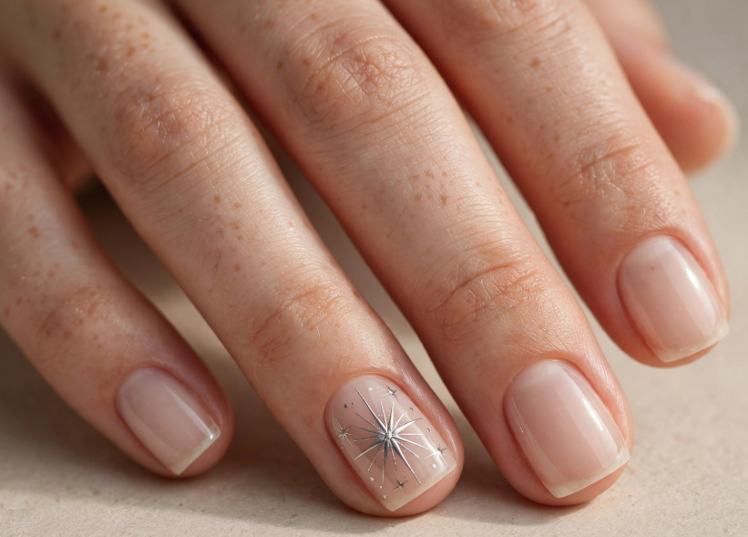 Short square neutral nude nails featuring a delicate silver chrome celestial starburst and dot art accent.